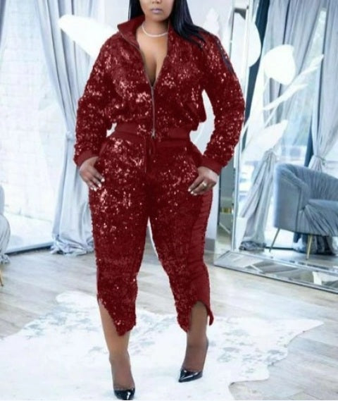 Sexy Red Sequin Jogger Set