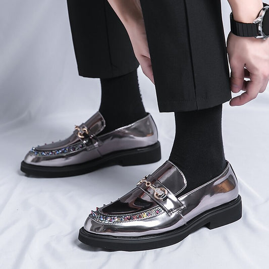 Men's Metallic Pewter Mirror Multicolor Jewel Spiked Loafers