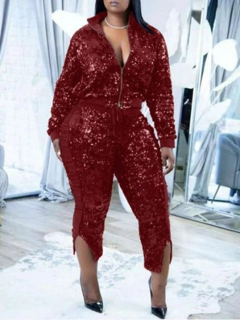 Sexy Red Sequin Jogger Set