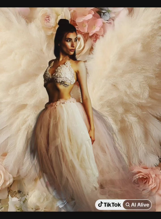 The "ALY RAE" Pink & Ivory Lace Pearl Crystal Beaded Tulle Bikini Beach Wedding Ballgown Set