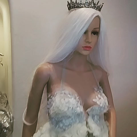 "CELINE" Ivory 3D Chiffon Rosette Lace Crystal Wedding Ballgown Set