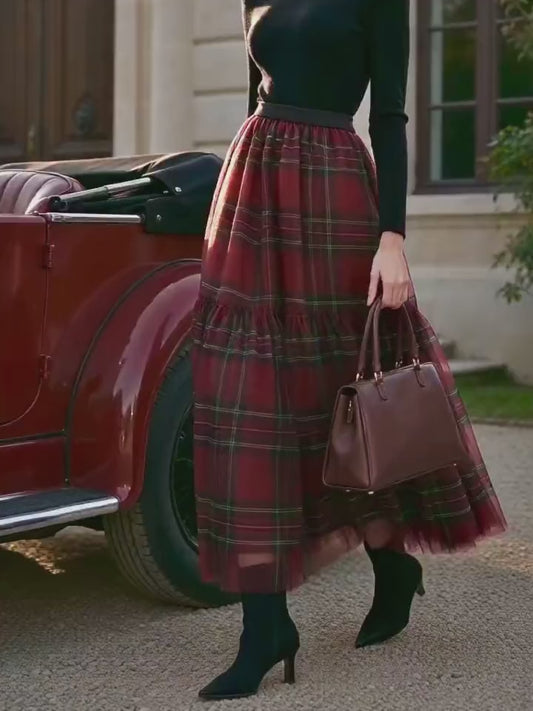 Gothic Flowy Red Plaid Tulle Tiered Midi/Maxi Skirt