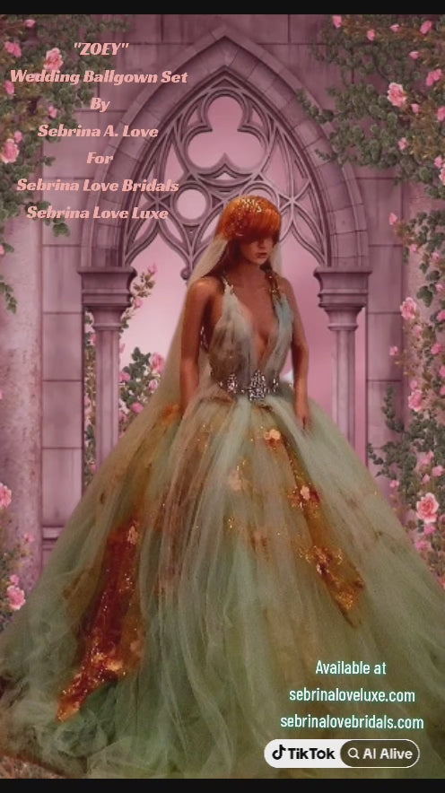 The "ZOEY" Mint Green Tulle Crystal Embroidered Gold Lace Wedding Ballgown Set (Custom Order)