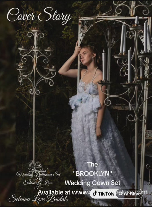 SAMPLE GOWN "BROOKLYN" White 3D Chiffon Rosette Blue Lace Crystal Embellished Wedding Ballgown Set