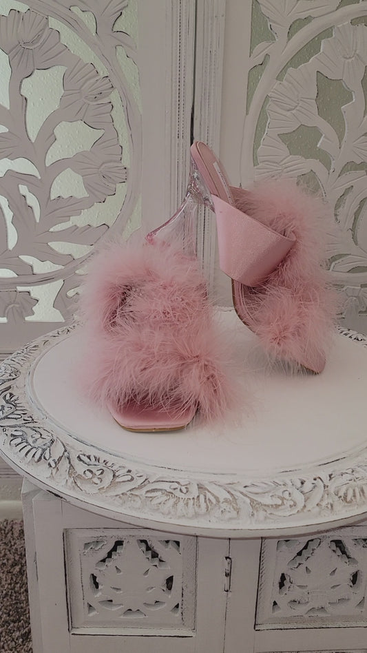 "LADY HELENA" Blush Feather Crystal Satin Clear Heel Mules