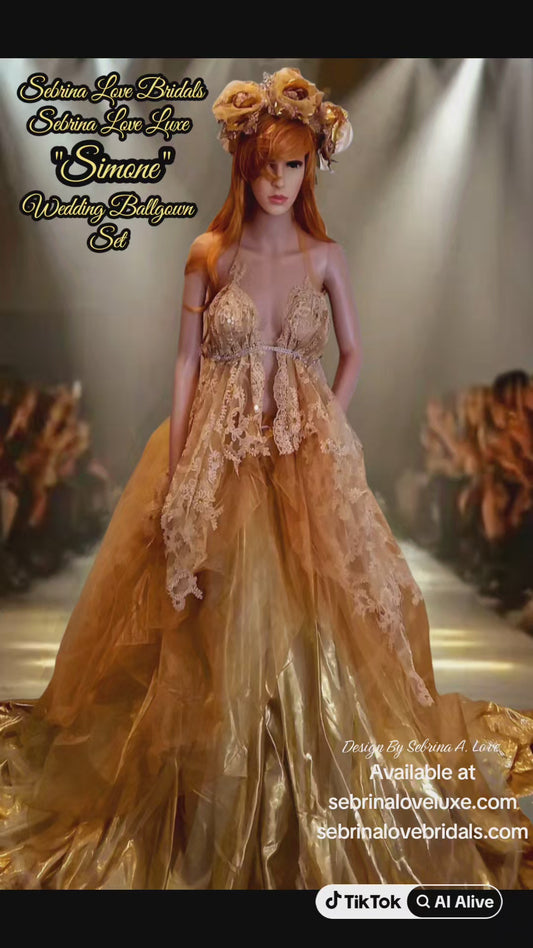 The "SIMONE" Crystal Gold Embroidered Lace Boho Festival Wedding Ballgown Set (Custom Order)