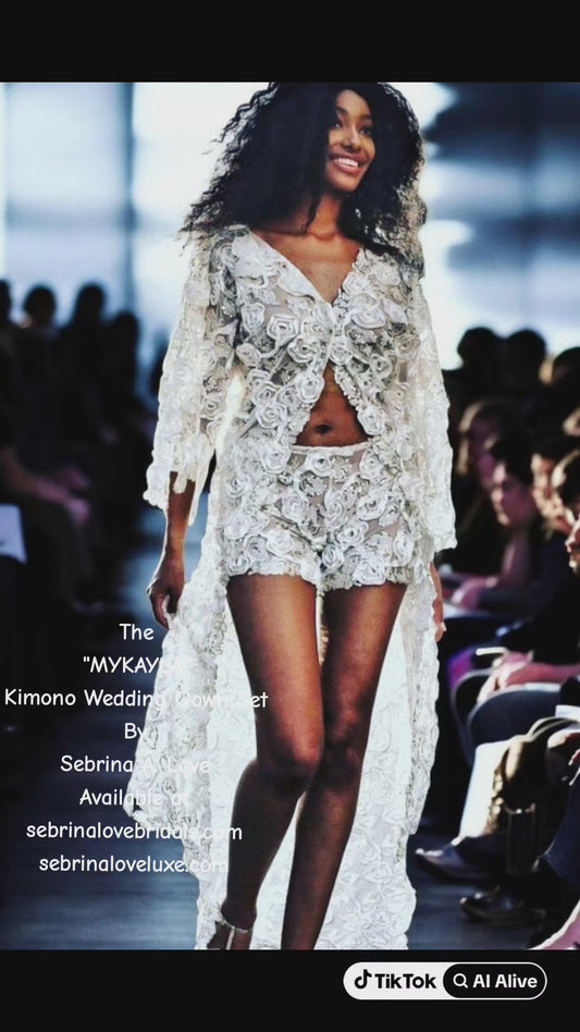 "MYKAYLA" Natural White Sequin Lace Kimono & Shorts Set