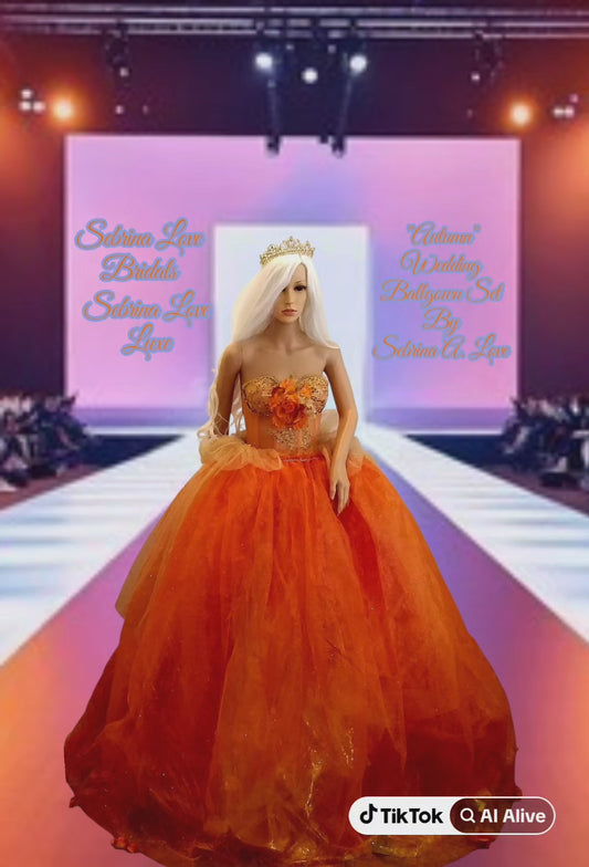 The "AUTUMN" Crystal Orange & Embroidered Lace Boho Festival Wedding Ballgown Set (Custom Order)