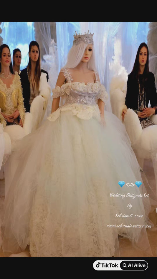 "YORK" Ivory 3D Chiffon Rosette Lace Crystal Wedding Ballgown Set