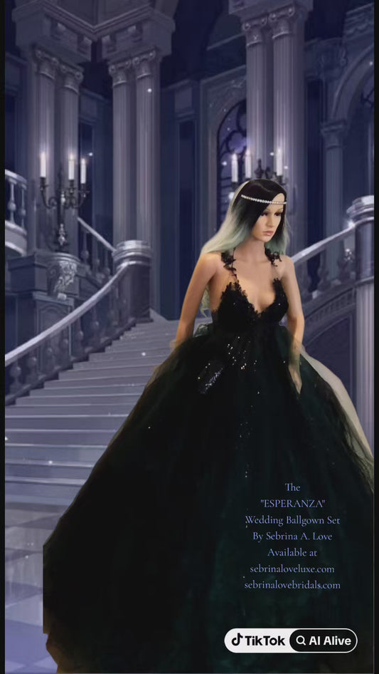 "ESPERANZA" Gothic Romance Black & Green Sequin Lace Tulle 3D Rosette Wedding Ballgown Set (SAMPLE GOWN SET)