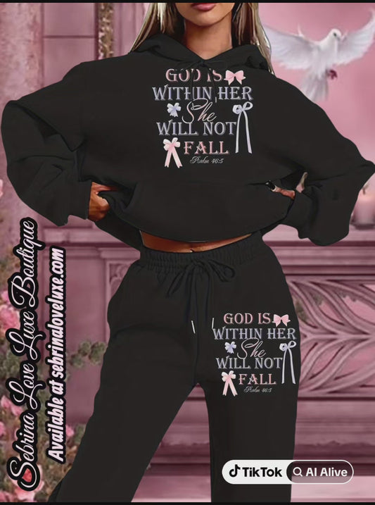 "JESUS IS WITHIN HER, SHE WILL NOT FALL" 2pc Graphic Scripture Hoodie & Jogger Set