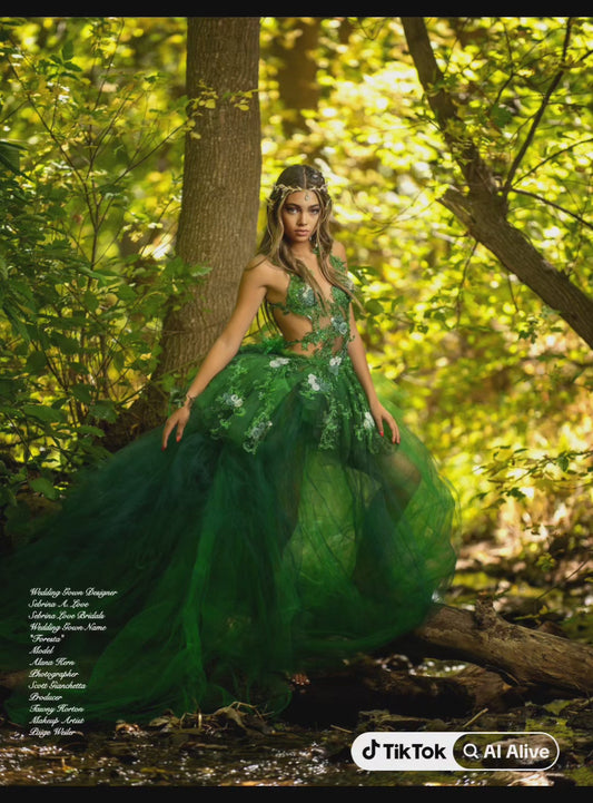 The "FORESTAH" Emerald Green Crystal Embroidered Lace Wedding Ballgown Set (Custom Order)