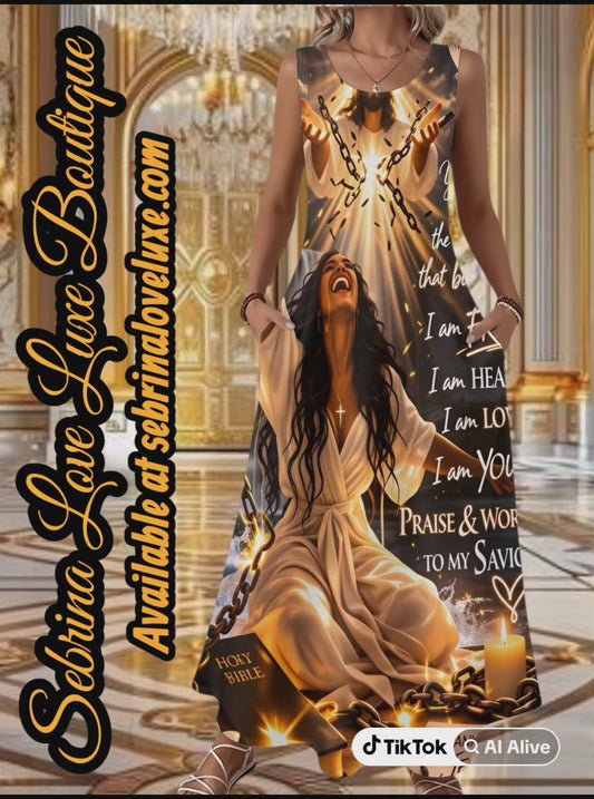 "JESUS BREAKING CHAINS" Black & Gold Inspirational Scripture Maxi Dress