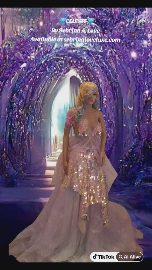 The "CELESTE" Iridescent Unicorn Sequin Lavender Tulle Crystal Wedding Ballgown Set