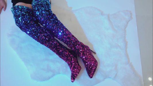 Sexy Blue & Purple Ombre Sparkly Sequin Thigh Boots