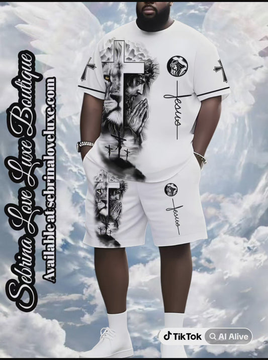 "JESUS" 2pc White & Black Graphic Tee Shirt & Shorts Set