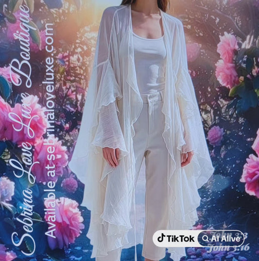 Exotic Ivory Chiffon Asymmetrical Flowy Boho Festival Kimono