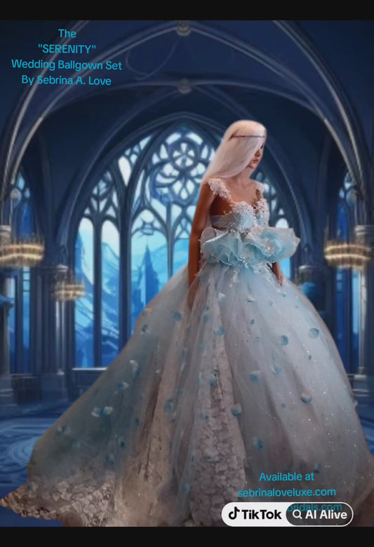 "SERENITY" Blue & White Lace, Organza & Tulle Wedding Ballgown Set