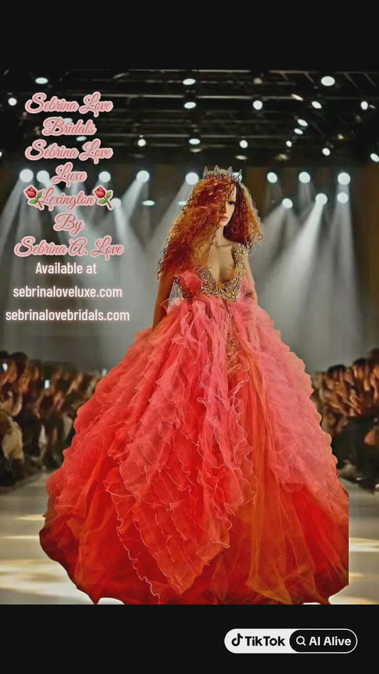 🌺LEXINGTON🌺 Coral & Gold Embroidered Lace Organza Wedding Ballgown Set