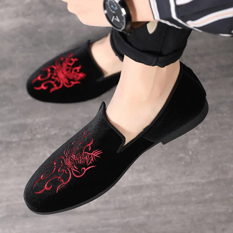 Elegant Men's Black & Red Embroidered Drivers Moccasins Opera Pump