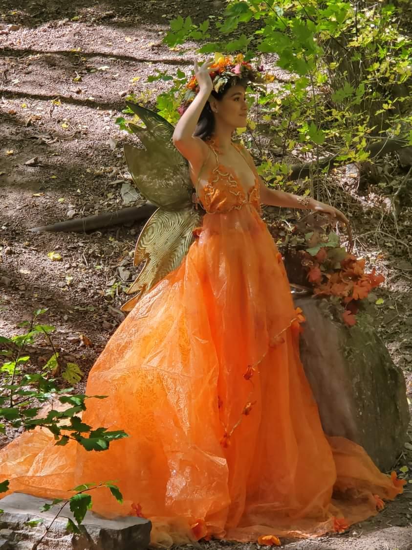 "HARVEST" Orange Organza Fall Leaves Crystal Wedding Ballgown Set