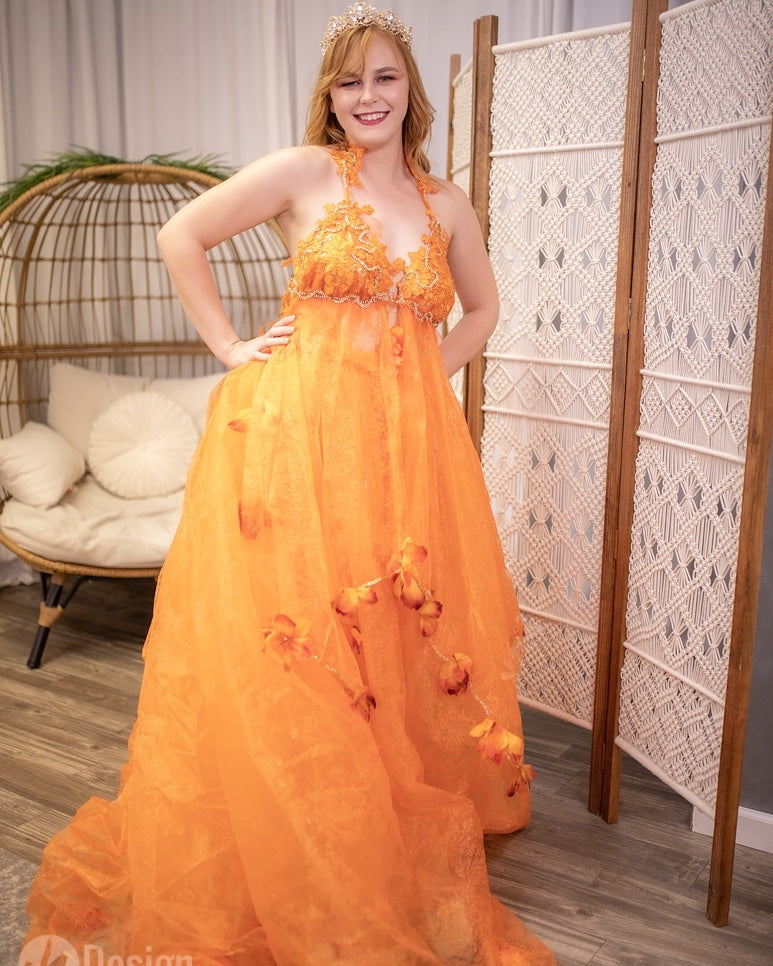 "HARVEST" Orange Organza Fall Leaves Crystal Wedding Ballgown Set