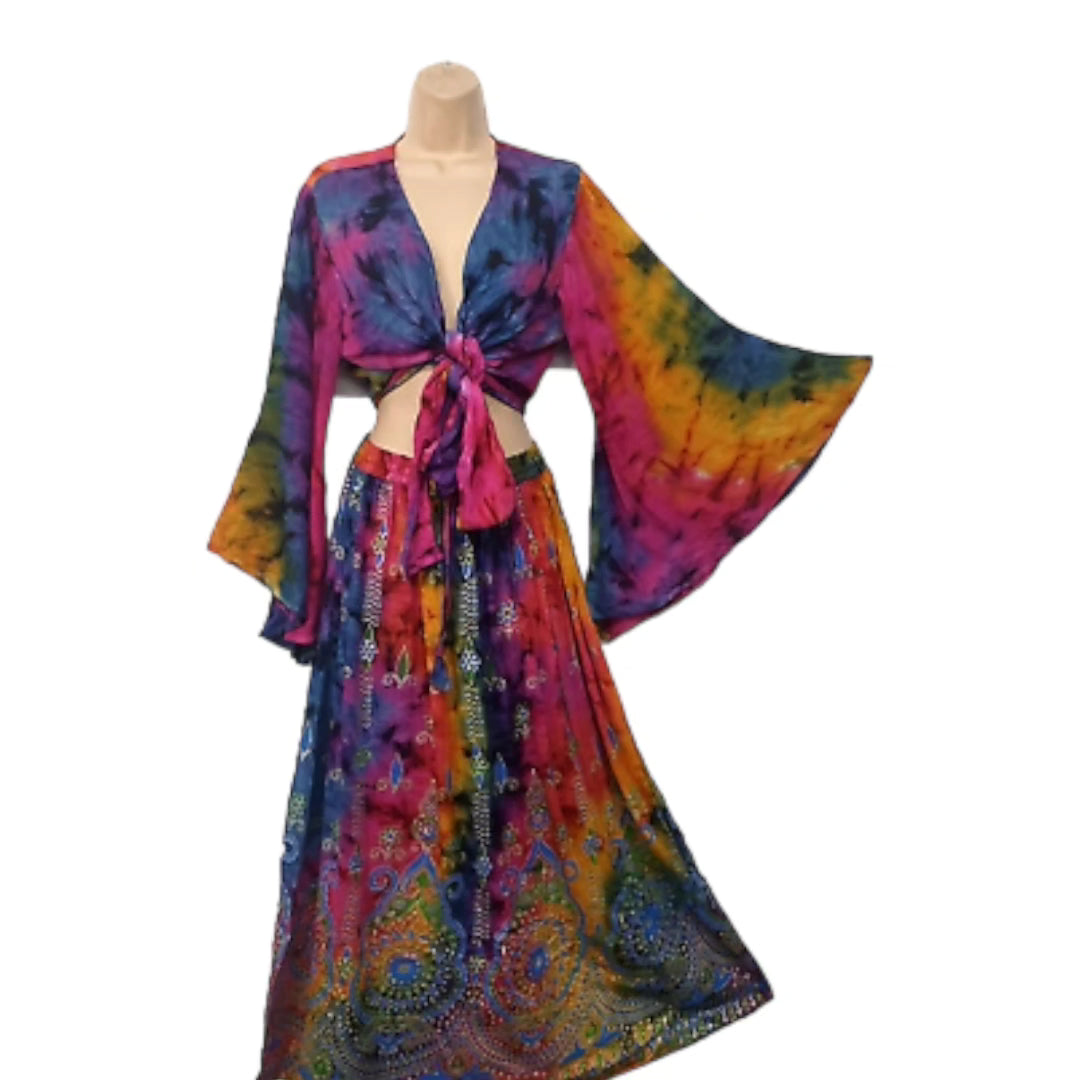 Bohemian 2 Piece Rainbow Tie Dye Crop Top & Maxi Skirt Set