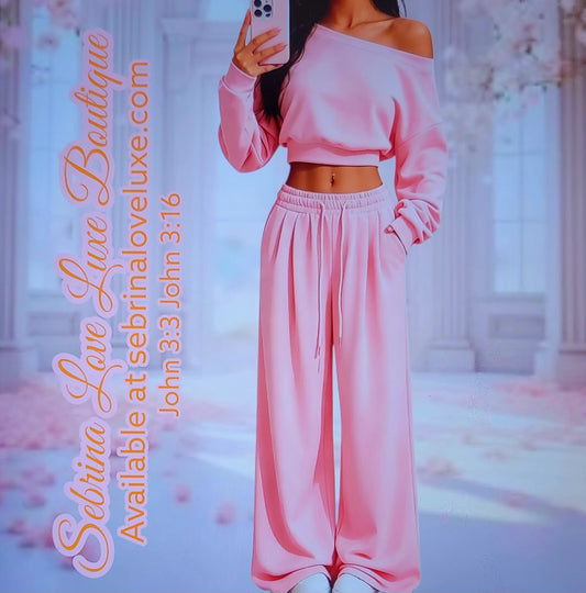 Cozy Soft Pink Cropped Hoodie & Wide Leg Jogger Set