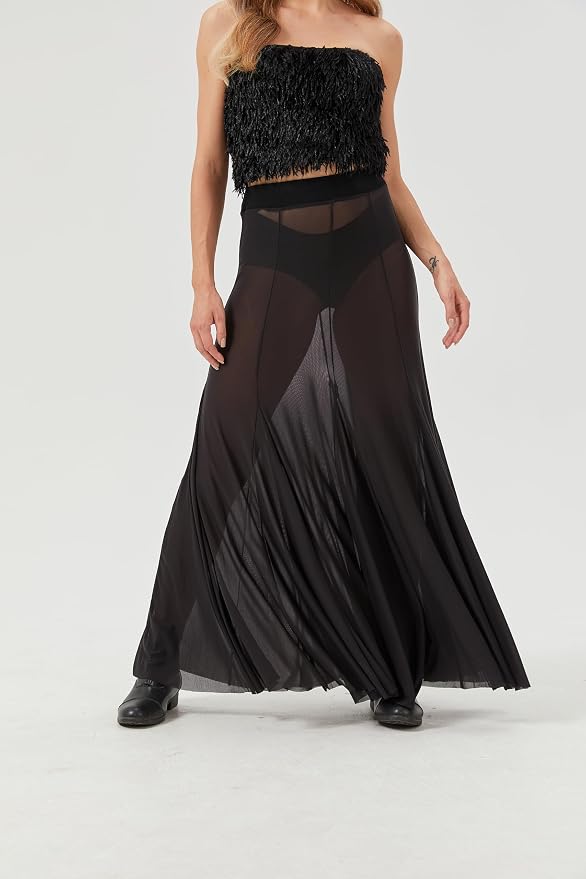 Chic Black Sheer Powermesh Maxi Skirt