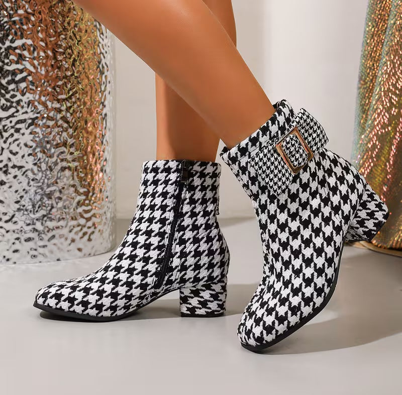 Classic Black & White Houndstooth Buckle Detail Low Block Heel Ankle Booties