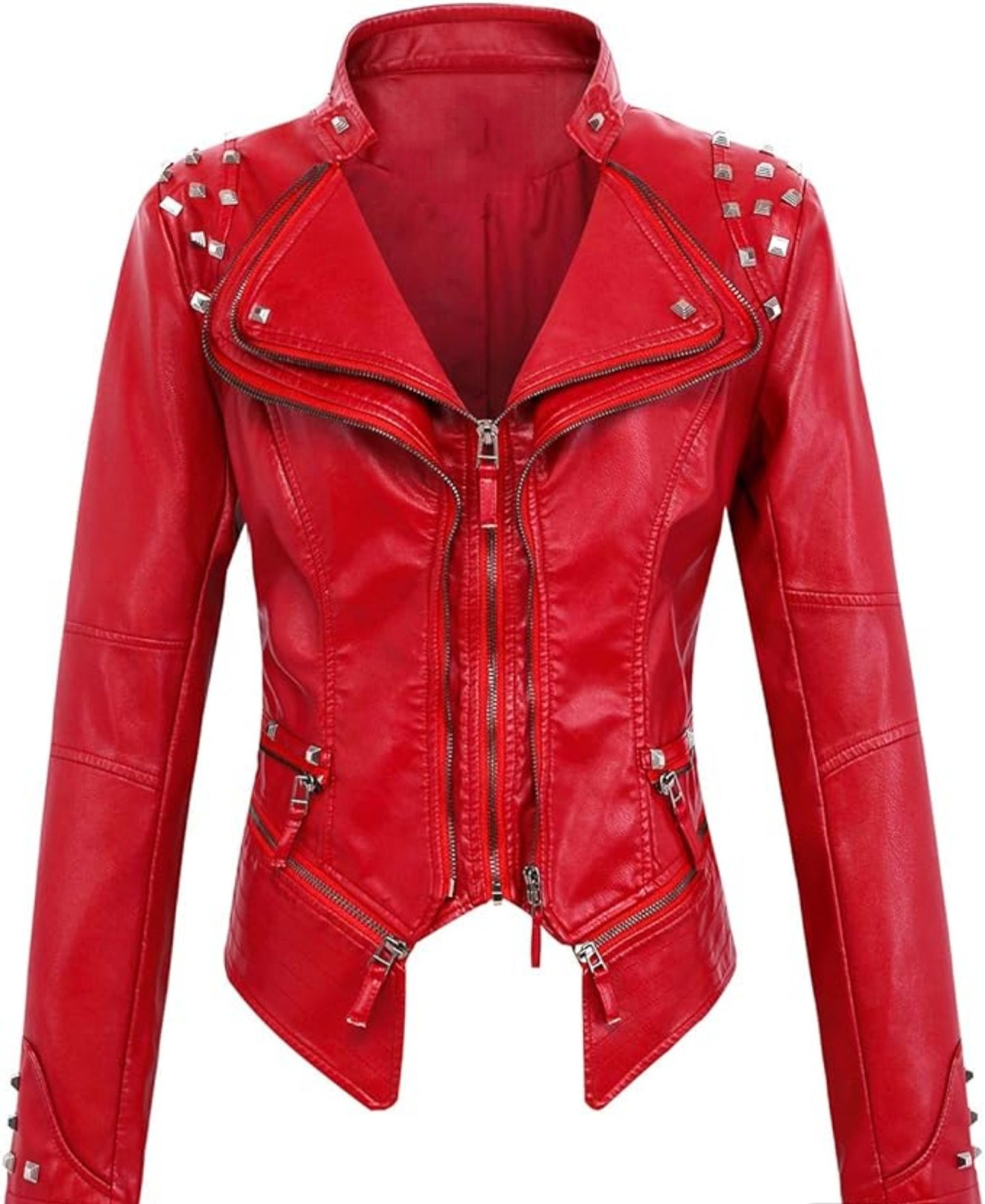 Edgy Red Studded Rocker Biker Jacket