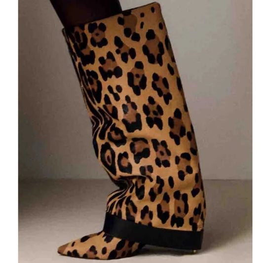 Exotic Animal Print Foldover Buckle Detail Knee Boots