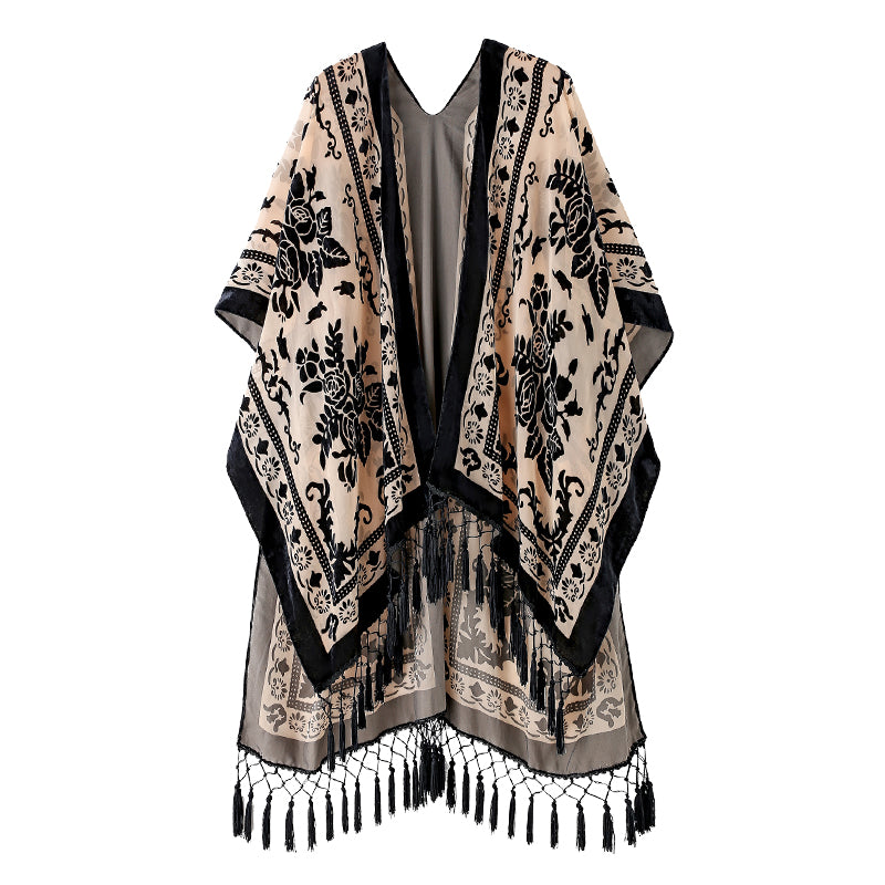 Boho Festival Black & Nude Burnout Velvet Kimono long Shawl with Tassel Beach Cover-up Luxury Shawl