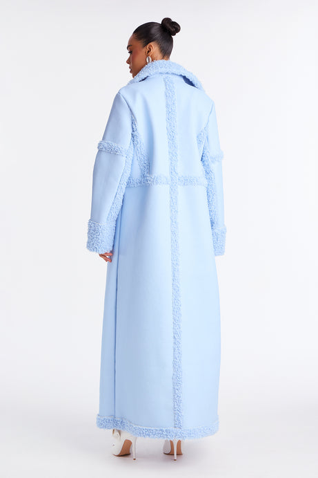 Luxe Baby Blue Faux Leather Faux Shearling Trim Maxi Coat