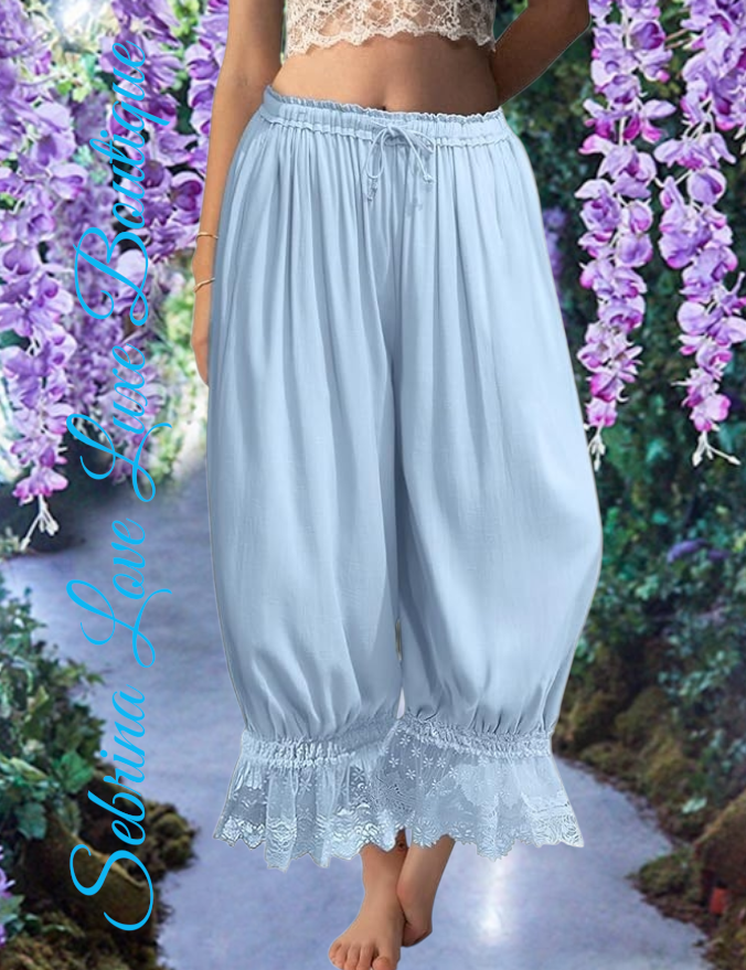 Romantic Victorian Inspired Light Blue Boho Wide Leg Pantaloon Bloomer Harem Pants