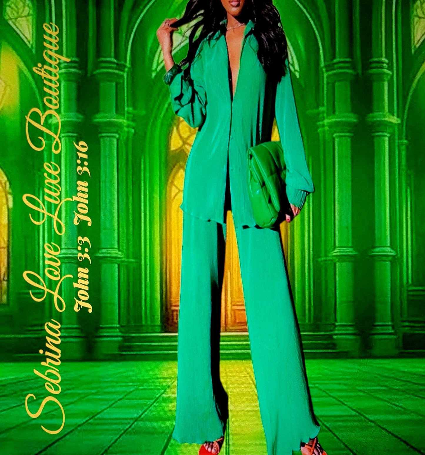 Chic Kelly Green Pleated Tunic Button Closure & Pants Set