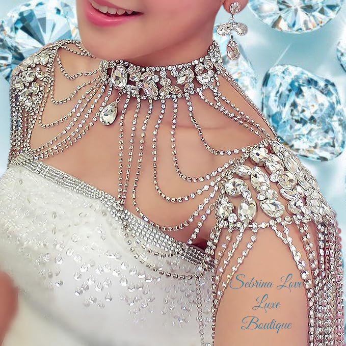 Elegant Crystal Diamante Rhinestone Bejeweled Choker Shoulder Draped fringe Necklace
