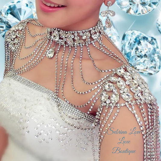 Elegant Crystal Diamante Rhinestone Bejeweled Choker Shoulder Draped fringe Necklace