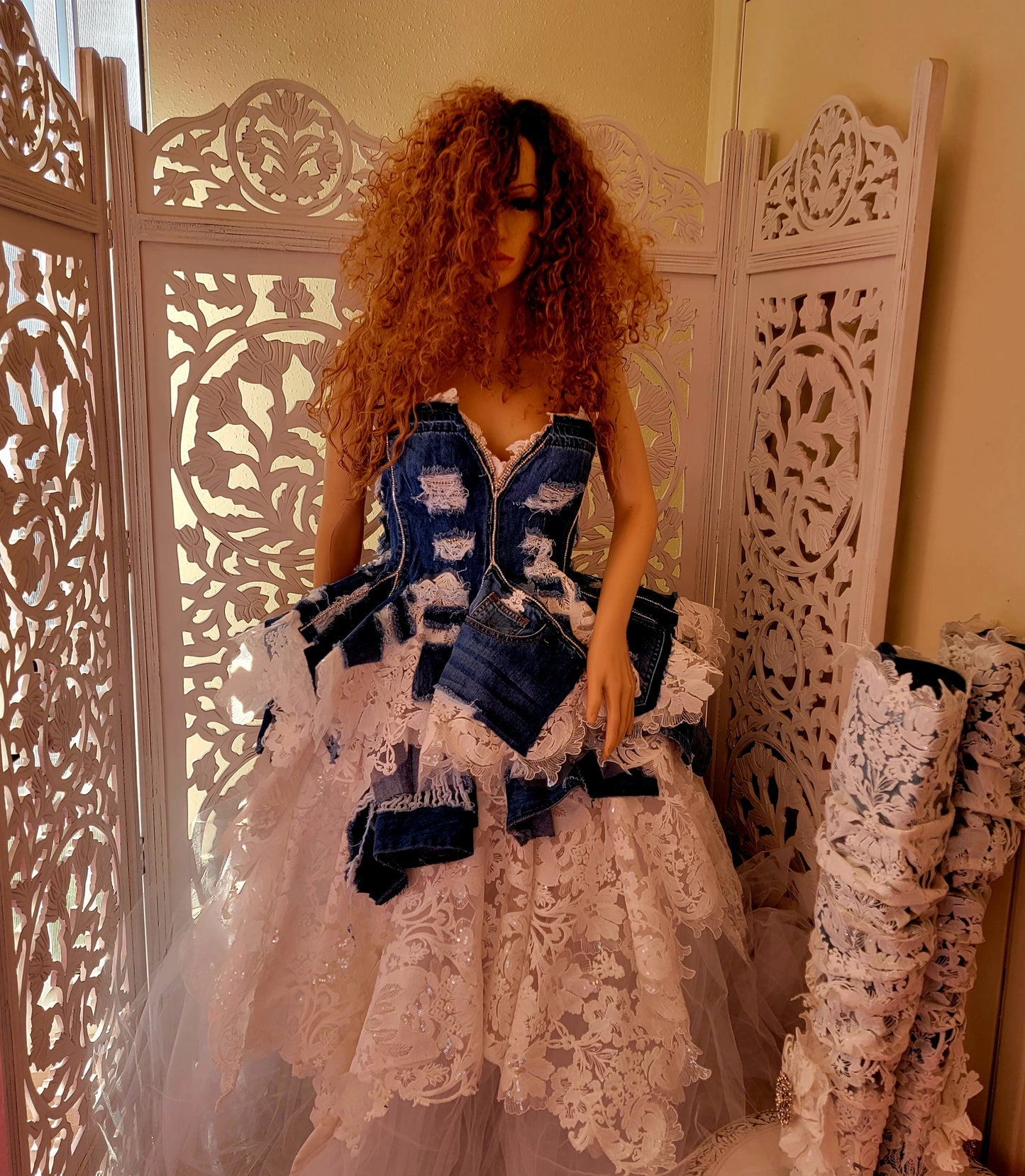 "MOREA" Denim & Lace Wedding Ballgown Set & Matching Thigh Boots