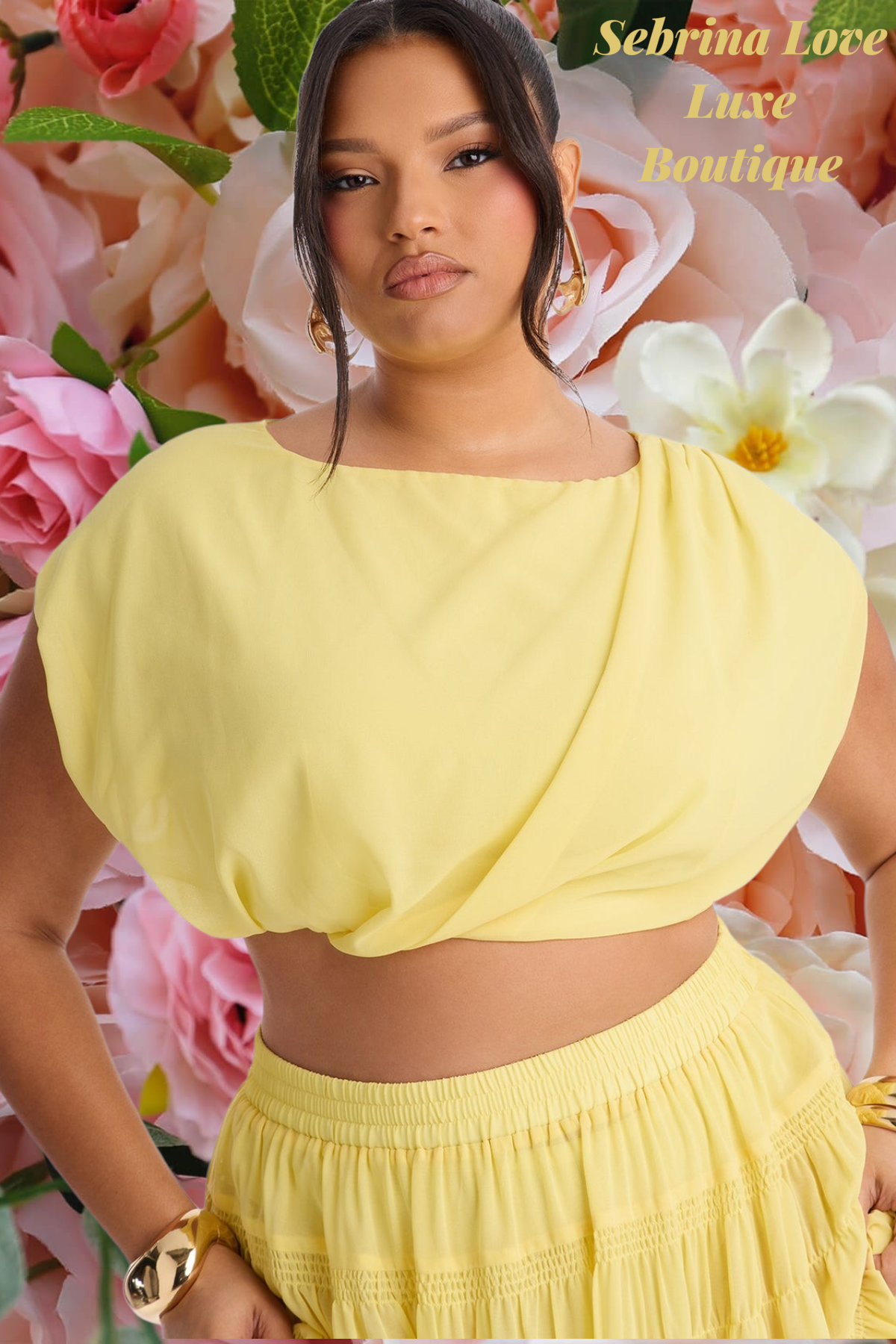 Romantic Yellow Chiffon Plus Crop Top & Maxi Skirt Dress Set