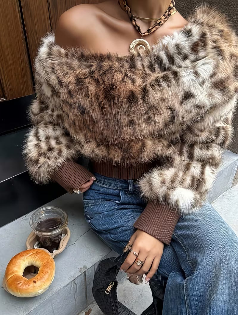 Luxe Plush Cheetah Leopard Animal Print Faux Fur Pullover Sweater Jacket