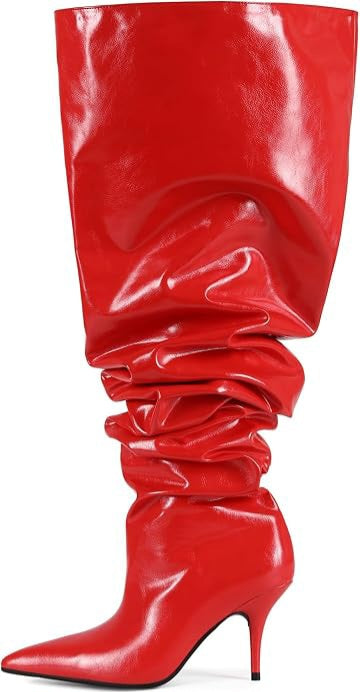 Sexy Red Faux Patent Leather Slouchy Thigh Boots