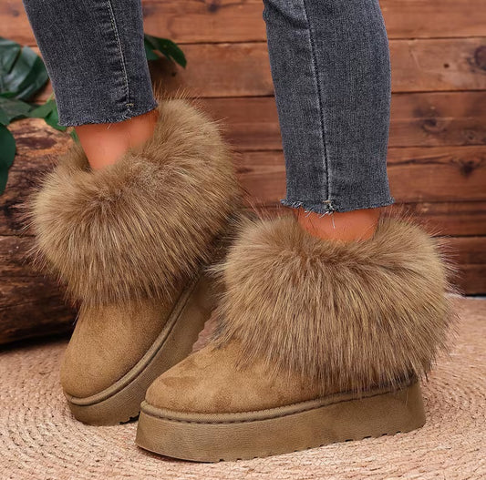 Khaki Tan Faux Fur Trim Outdoor Winter Boots