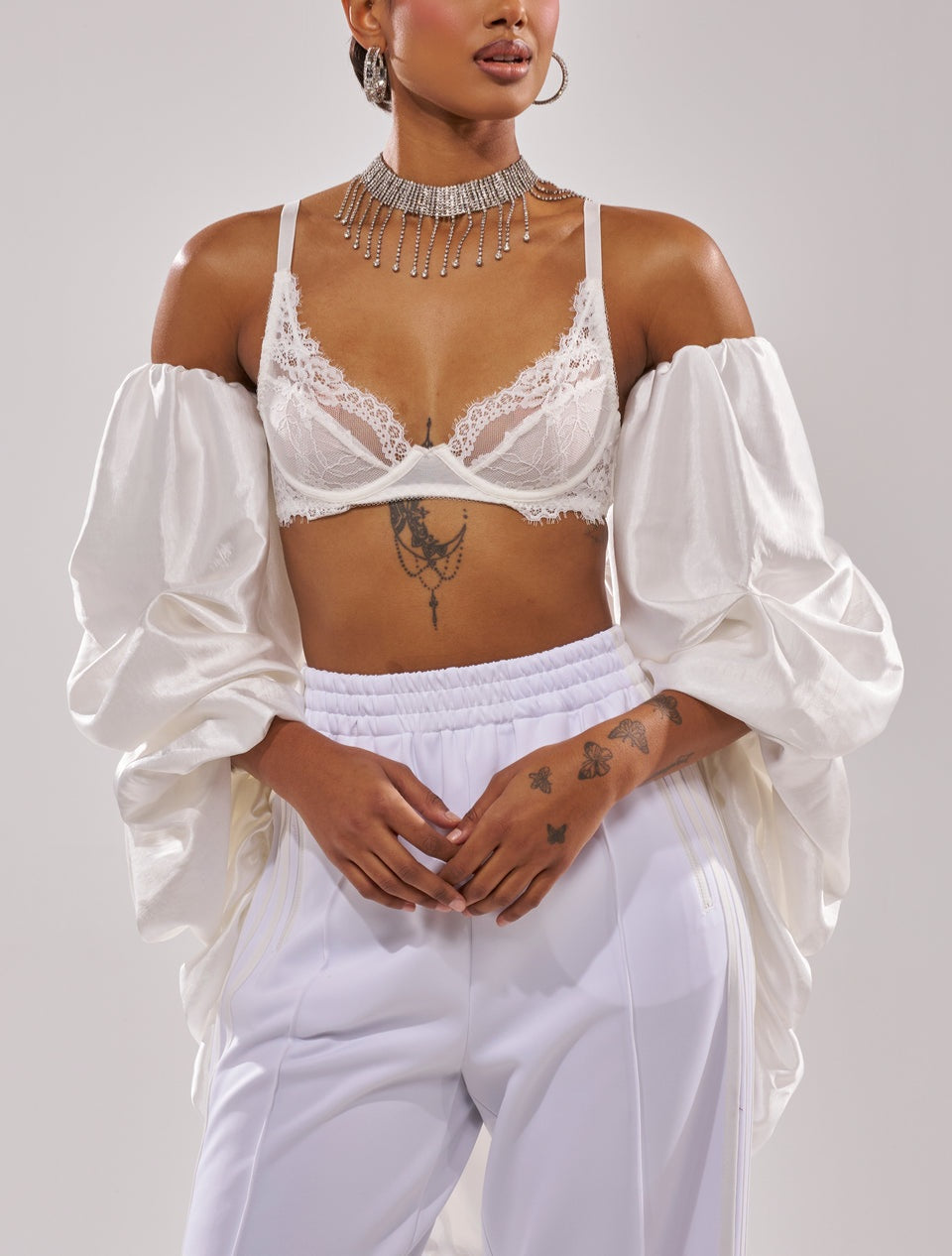 Elegant Off-Shoulder White Satin Ruched Draped Shrug Sweater
