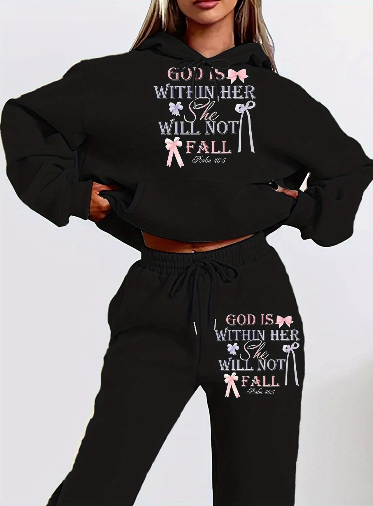 "JESUS IS WITHIN HER, SHE WILL NOT FALL" 2pc Graphic Scripture Hoodie & Jogger Set