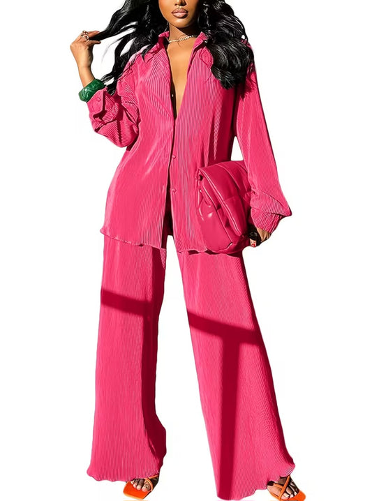 Chic Hot Pink Pleated Tunic Button Closure & Pants Set
