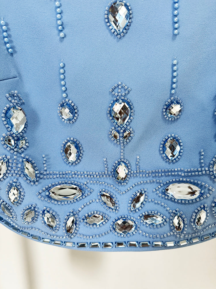 Beautiful Baby Blue Rhinestone Bejeweled 2 Piece Bolero Jacket & Mini Skirt Set