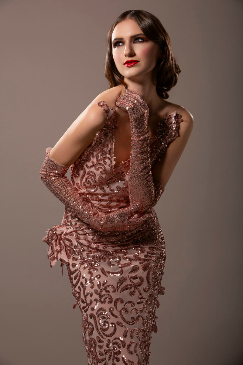 SAMPLE GOWN ONLY "TONI" Rose Gold Embroidered Sequin Lace Gatsby Hybrid Sheath Mermaid Wedding Gown Set