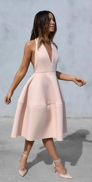 Romantic Blush Backless Tea Length Dress
