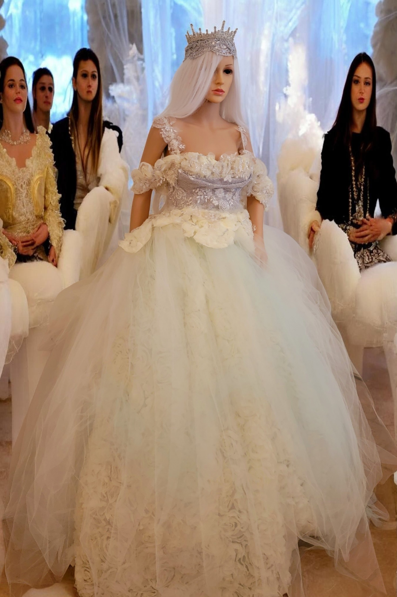 "YORK" Ivory 3D Chiffon Rosette Lace Crystal Wedding Ballgown Set